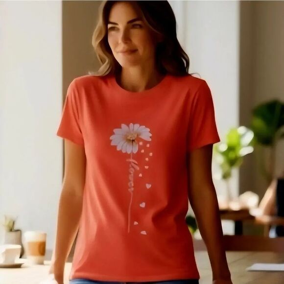 Botique Tops - Vibrant Coral Short Sleeve Tee with Floral Design